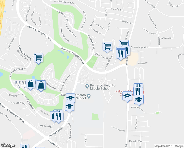 map of restaurants, bars, coffee shops, grocery stores, and more near 15673 Via Calanova in San Diego