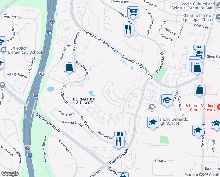 map of restaurants, bars, coffee shops, grocery stores, and more near 12136 Royal Lytham Row in San Diego