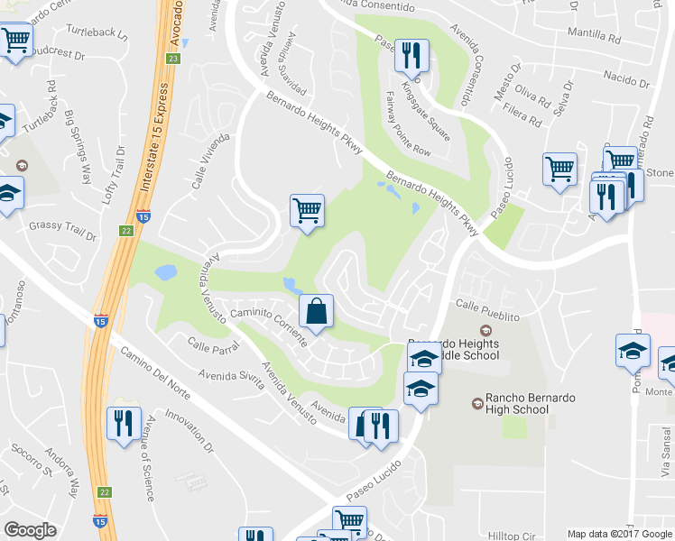 map of restaurants, bars, coffee shops, grocery stores, and more near 12168 Royal Lytham Row in San Diego