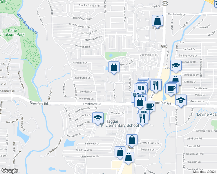 map of restaurants, bars, coffee shops, grocery stores, and more near 18383 Gallery Drive in Dallas