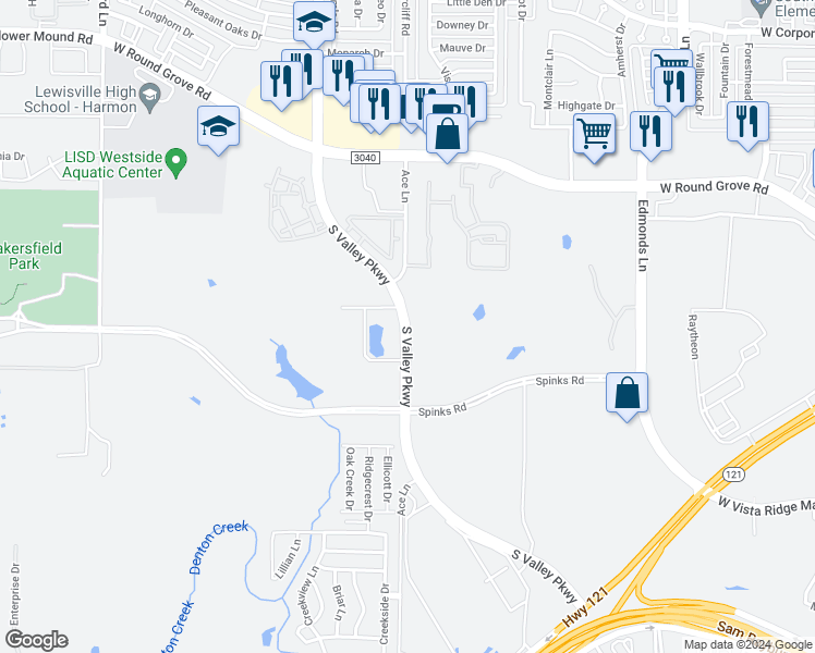 map of restaurants, bars, coffee shops, grocery stores, and more near 2439 South Valley Parkway in Lewisville