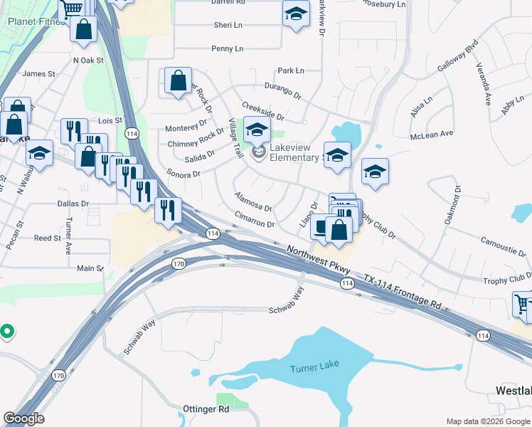 map of restaurants, bars, coffee shops, grocery stores, and more near 28 Cimarron Drive in Trophy Club
