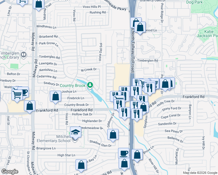 map of restaurants, bars, coffee shops, grocery stores, and more near 4407 Andora Court in Dallas