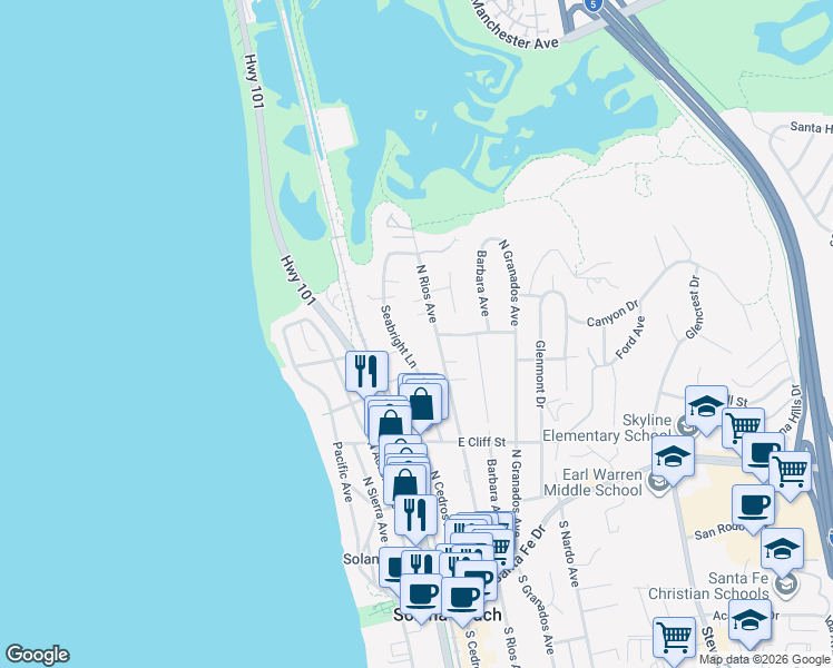 map of restaurants, bars, coffee shops, grocery stores, and more near 630 Seabright Lane in Solana Beach