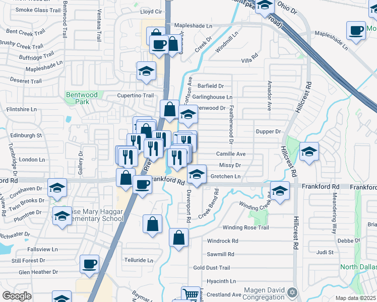 map of restaurants, bars, coffee shops, grocery stores, and more near 18216 Preston Road in Dallas
