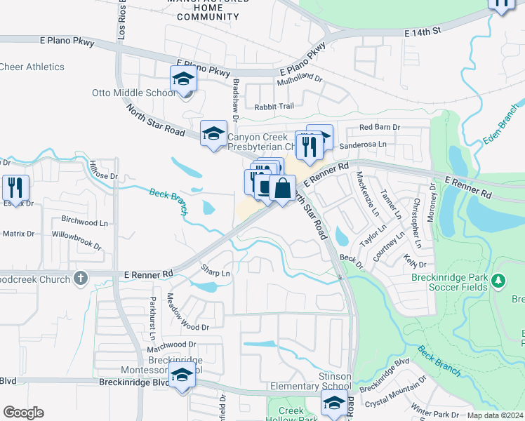 map of restaurants, bars, coffee shops, grocery stores, and more near 4010 East Renner Road in Richardson