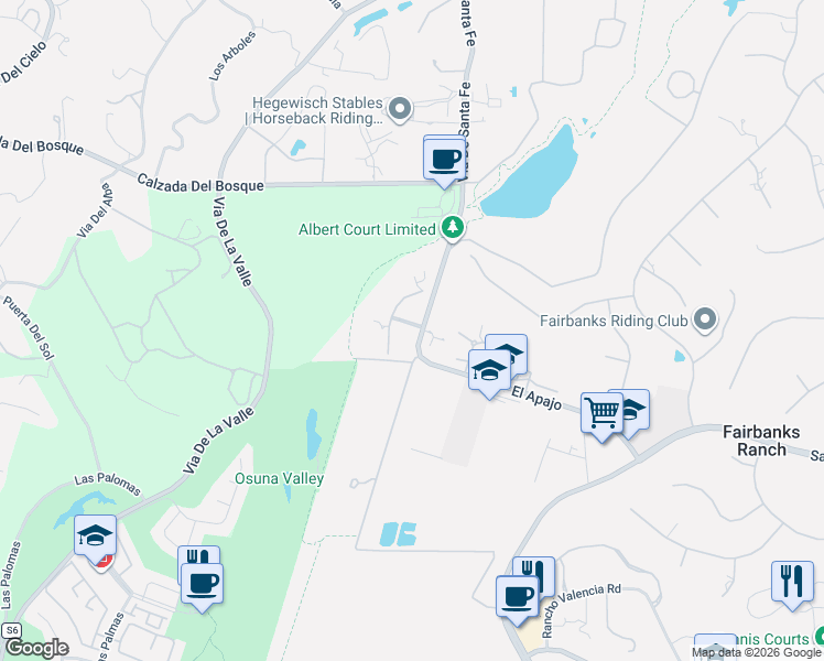 map of restaurants, bars, coffee shops, grocery stores, and more near 15823 The River Trail in Rancho Santa Fe
