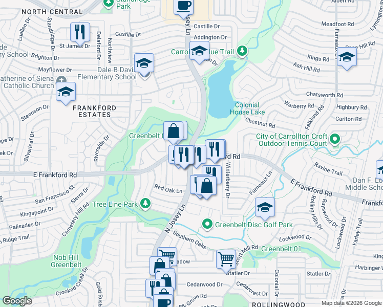 map of restaurants, bars, coffee shops, grocery stores, and more near North Josey Lane & Frankford Road East in Carrollton
