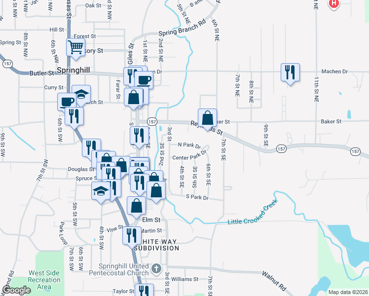 map of restaurants, bars, coffee shops, grocery stores, and more near 402 Center Park Drive in Springhill