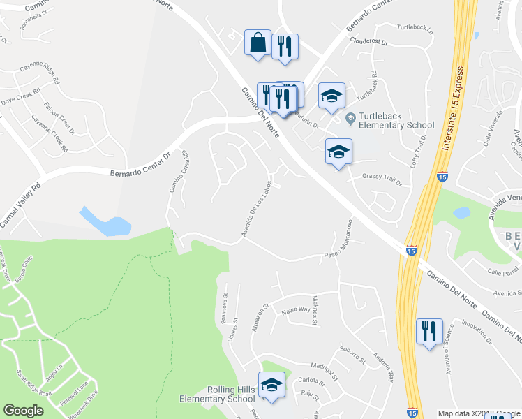 map of restaurants, bars, coffee shops, grocery stores, and more near 11159 Avenida De Los Lobos in San Diego