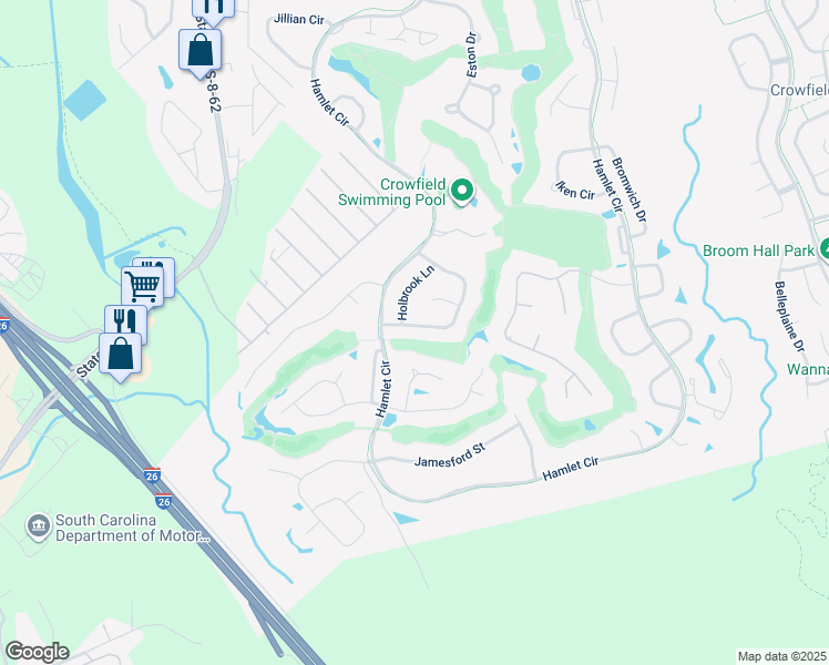 map of restaurants, bars, coffee shops, grocery stores, and more near 108 Spalding Circle in Goose Creek