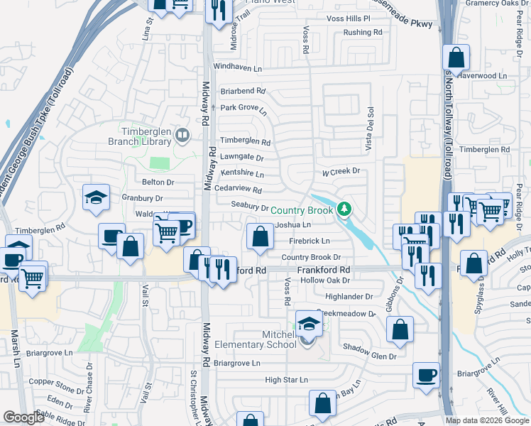 map of restaurants, bars, coffee shops, grocery stores, and more near 4108 Seabury Drive in Dallas