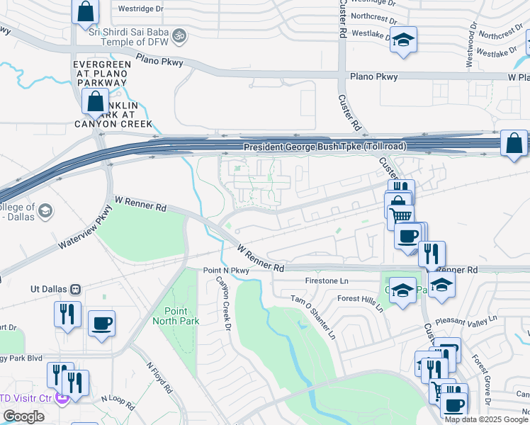 map of restaurants, bars, coffee shops, grocery stores, and more near 856 Greenside Drive in Richardson