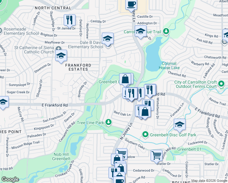 map of restaurants, bars, coffee shops, grocery stores, and more near 1811 East Frankford Road in Carrollton