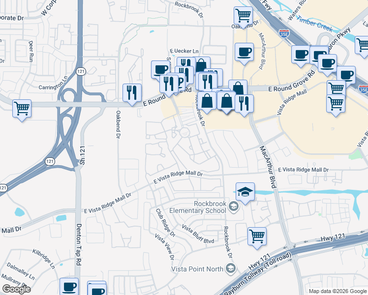 map of restaurants, bars, coffee shops, grocery stores, and more near 300 East Round Grove Road in Lewisville