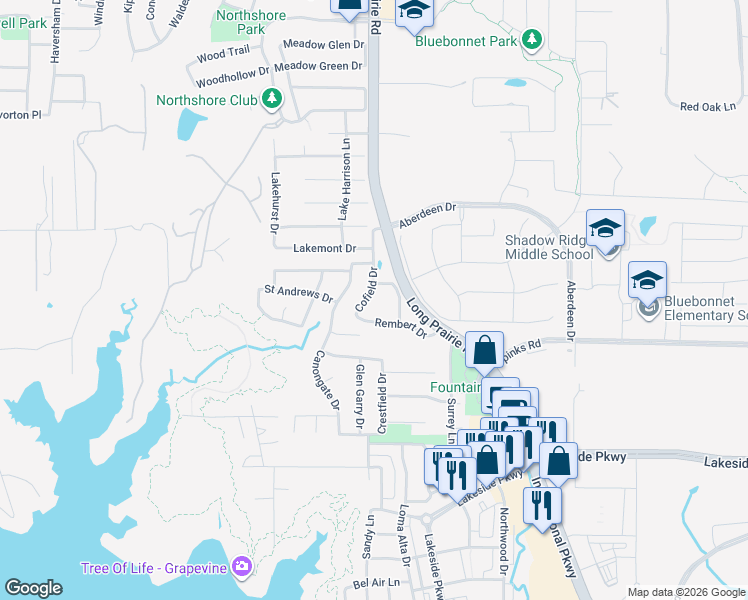 map of restaurants, bars, coffee shops, grocery stores, and more near 1108 Cofield Drive in Flower Mound
