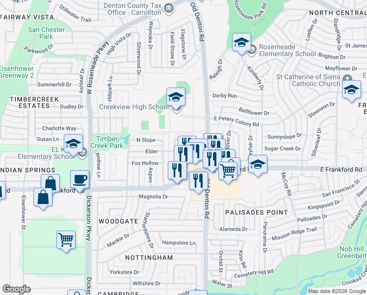 map of restaurants, bars, coffee shops, grocery stores, and more near 1023 Ridgeview Circle in Carrollton