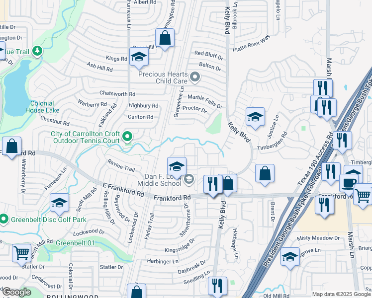 map of restaurants, bars, coffee shops, grocery stores, and more near 18065 Appleridge Drive in Dallas