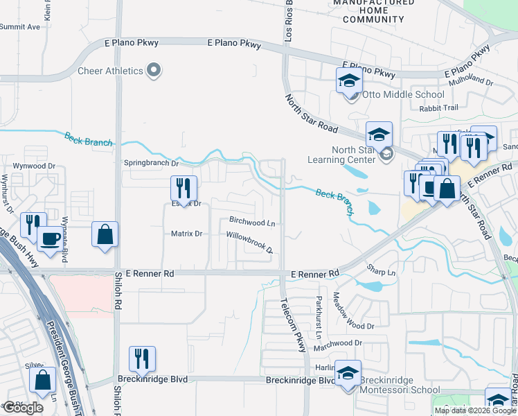 map of restaurants, bars, coffee shops, grocery stores, and more near 3503 Birchwood Lane in Richardson
