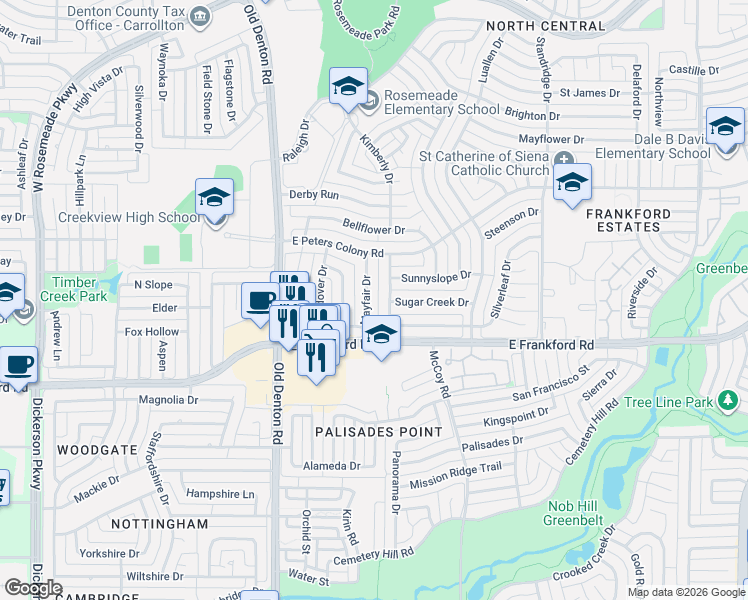 map of restaurants, bars, coffee shops, grocery stores, and more near 3116 Mayfair Drive in Carrollton