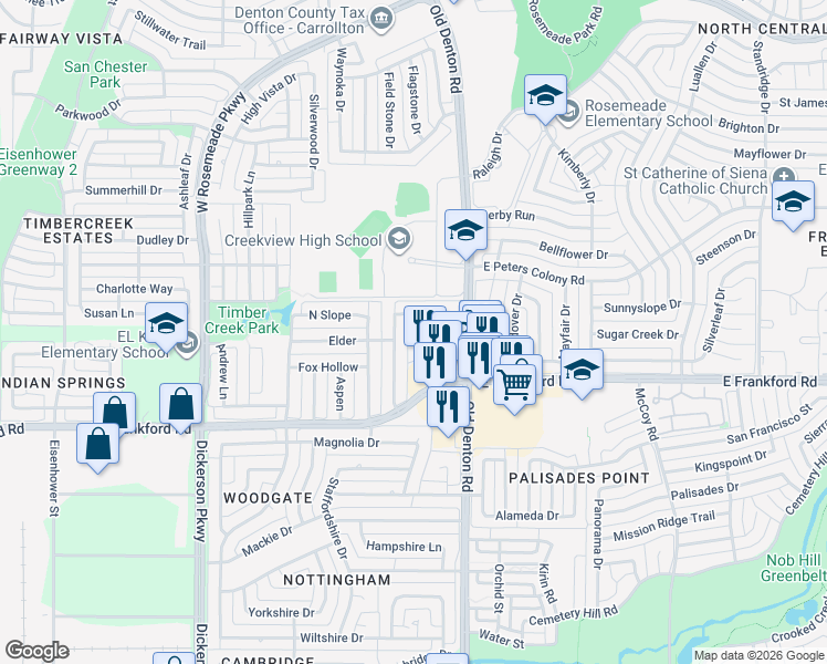 map of restaurants, bars, coffee shops, grocery stores, and more near 1023 Ridgeview Circle in Carrollton