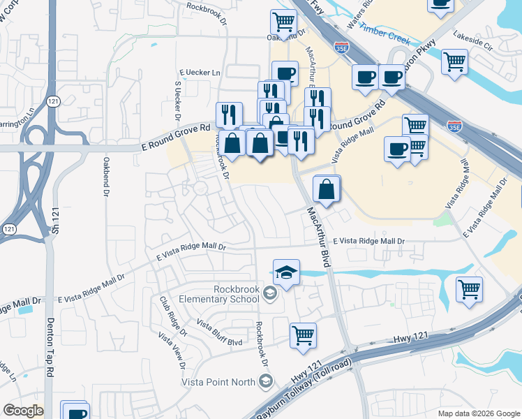 map of restaurants, bars, coffee shops, grocery stores, and more near 2621 Jacobson Drive in Lewisville