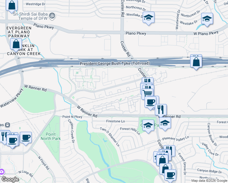 map of restaurants, bars, coffee shops, grocery stores, and more near 851 Greenside Drive in Richardson