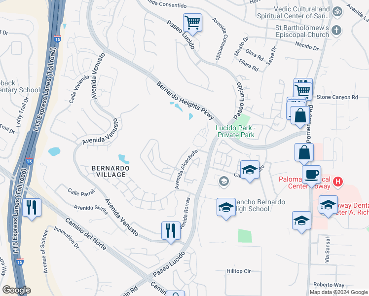 map of restaurants, bars, coffee shops, grocery stores, and more near 15578 Walton Heath Row in San Diego
