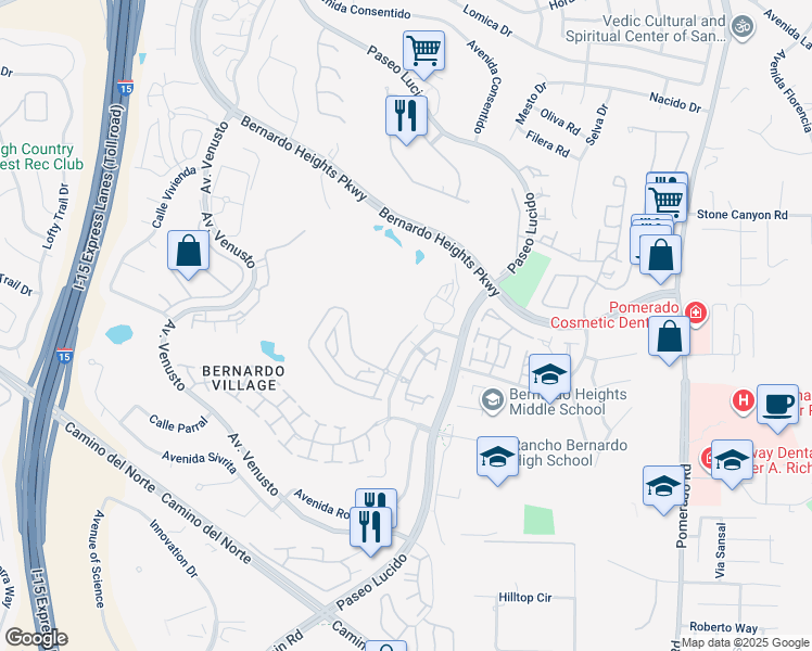 map of restaurants, bars, coffee shops, grocery stores, and more near 15578 Walton Heath Row in San Diego