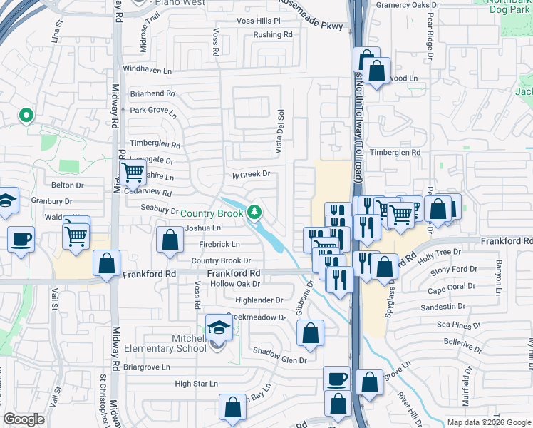 map of restaurants, bars, coffee shops, grocery stores, and more near 4405 Quail Hollow Road in Dallas