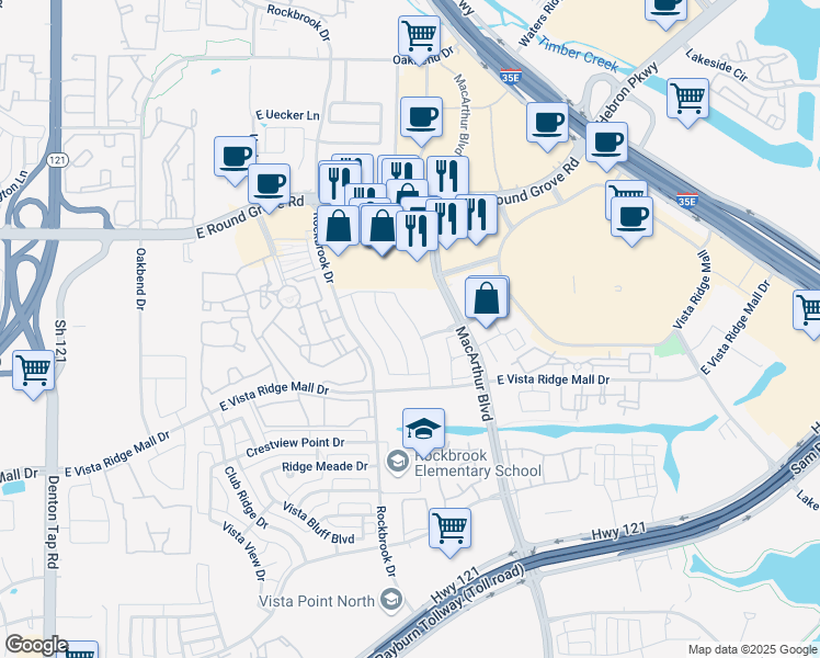 map of restaurants, bars, coffee shops, grocery stores, and more near 2621 Jacobson Drive in Lewisville