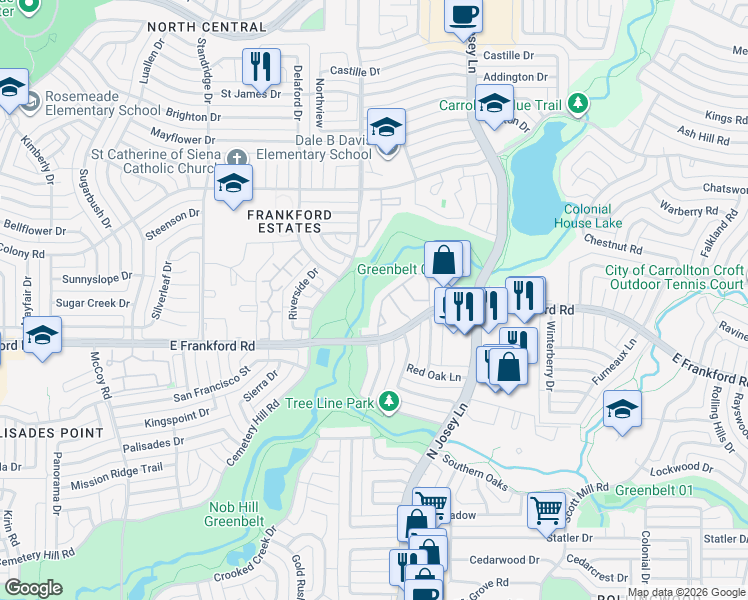 map of restaurants, bars, coffee shops, grocery stores, and more near 1811 Frankford Road East in Carrollton