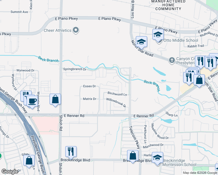 map of restaurants, bars, coffee shops, grocery stores, and more near 3408 Oakleaf Lane in Richardson