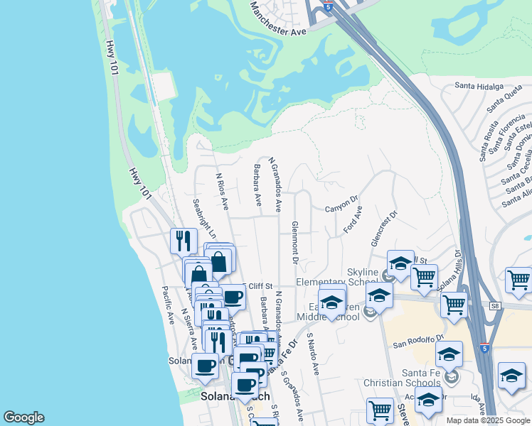 map of restaurants, bars, coffee shops, grocery stores, and more near 630 Barbara Avenue in Solana Beach