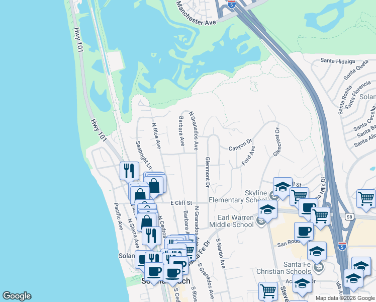 map of restaurants, bars, coffee shops, grocery stores, and more near 255 Patty Hill Drive in Solana Beach