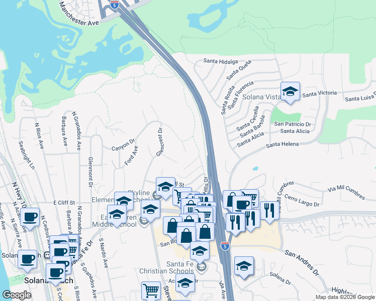 map of restaurants, bars, coffee shops, grocery stores, and more near 608 Ridgeline Place in Solana Beach