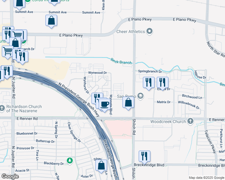 map of restaurants, bars, coffee shops, grocery stores, and more near Wynview Drive in Plano