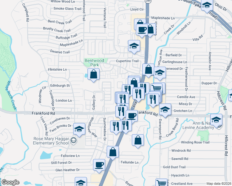 map of restaurants, bars, coffee shops, grocery stores, and more near 18159 Frankford Lakes Circle in Dallas