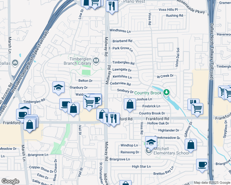 map of restaurants, bars, coffee shops, grocery stores, and more near 18240 Midway Road in Dallas