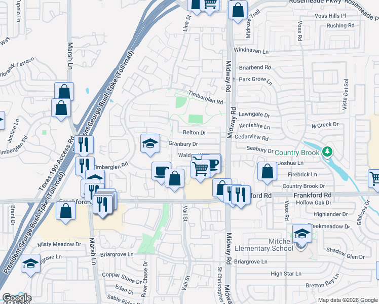 map of restaurants, bars, coffee shops, grocery stores, and more near 3836 Walden Way in Dallas