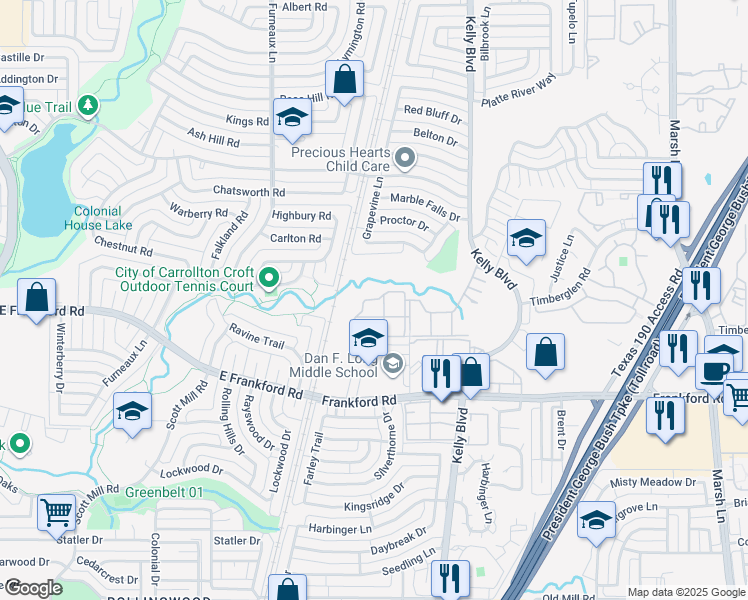 map of restaurants, bars, coffee shops, grocery stores, and more near 18605 Appleridge Drive in Dallas