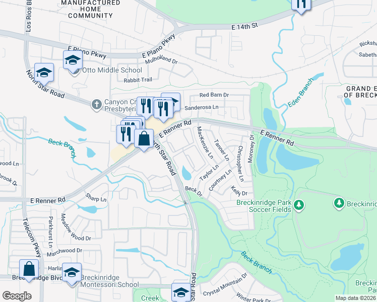 map of restaurants, bars, coffee shops, grocery stores, and more near 3500 North Star Road in Richardson