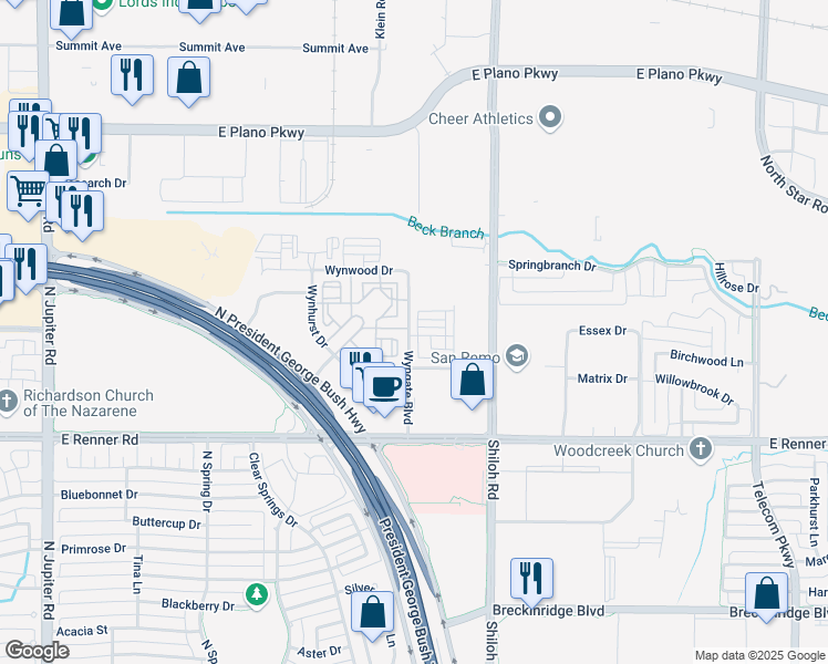 map of restaurants, bars, coffee shops, grocery stores, and more near Wynview Drive in Plano
