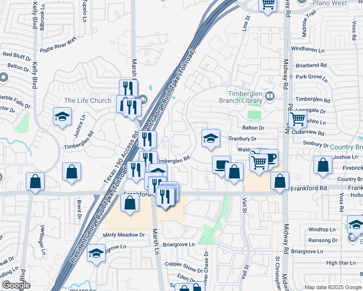 map of restaurants, bars, coffee shops, grocery stores, and more near 3637 Timberglen Road in Dallas
