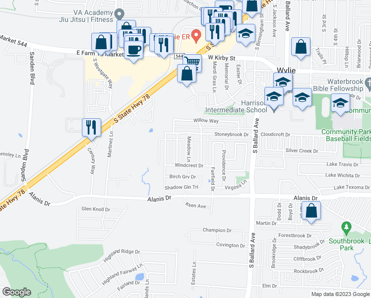 map of restaurants, bars, coffee shops, grocery stores, and more near 706 Meadow Lane in Wylie