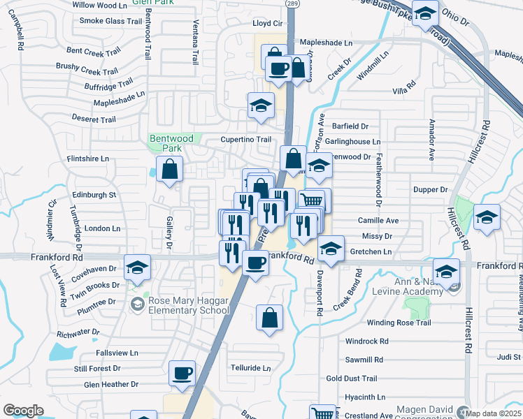 map of restaurants, bars, coffee shops, grocery stores, and more near 18111 Preston Road in Dallas