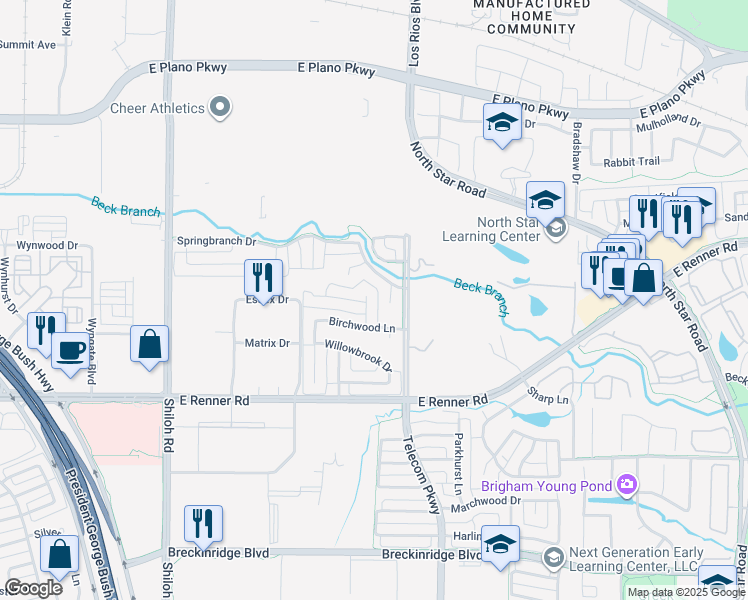 map of restaurants, bars, coffee shops, grocery stores, and more near 3515 Birchwood Lane in Richardson