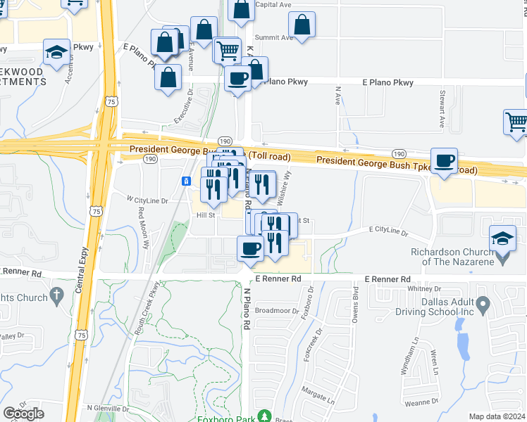 map of restaurants, bars, coffee shops, grocery stores, and more near 3551 Wilshire Way in Richardson