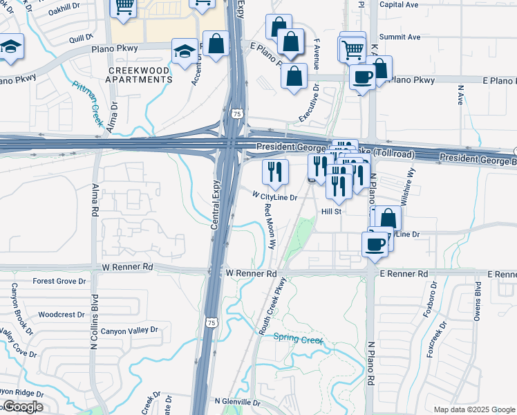 map of restaurants, bars, coffee shops, grocery stores, and more near 3678-3696 N Central Expy in Richardson