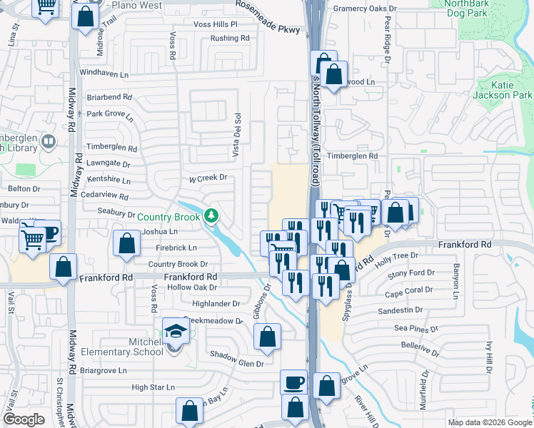 map of restaurants, bars, coffee shops, grocery stores, and more near 4407 Andora Court in Dallas